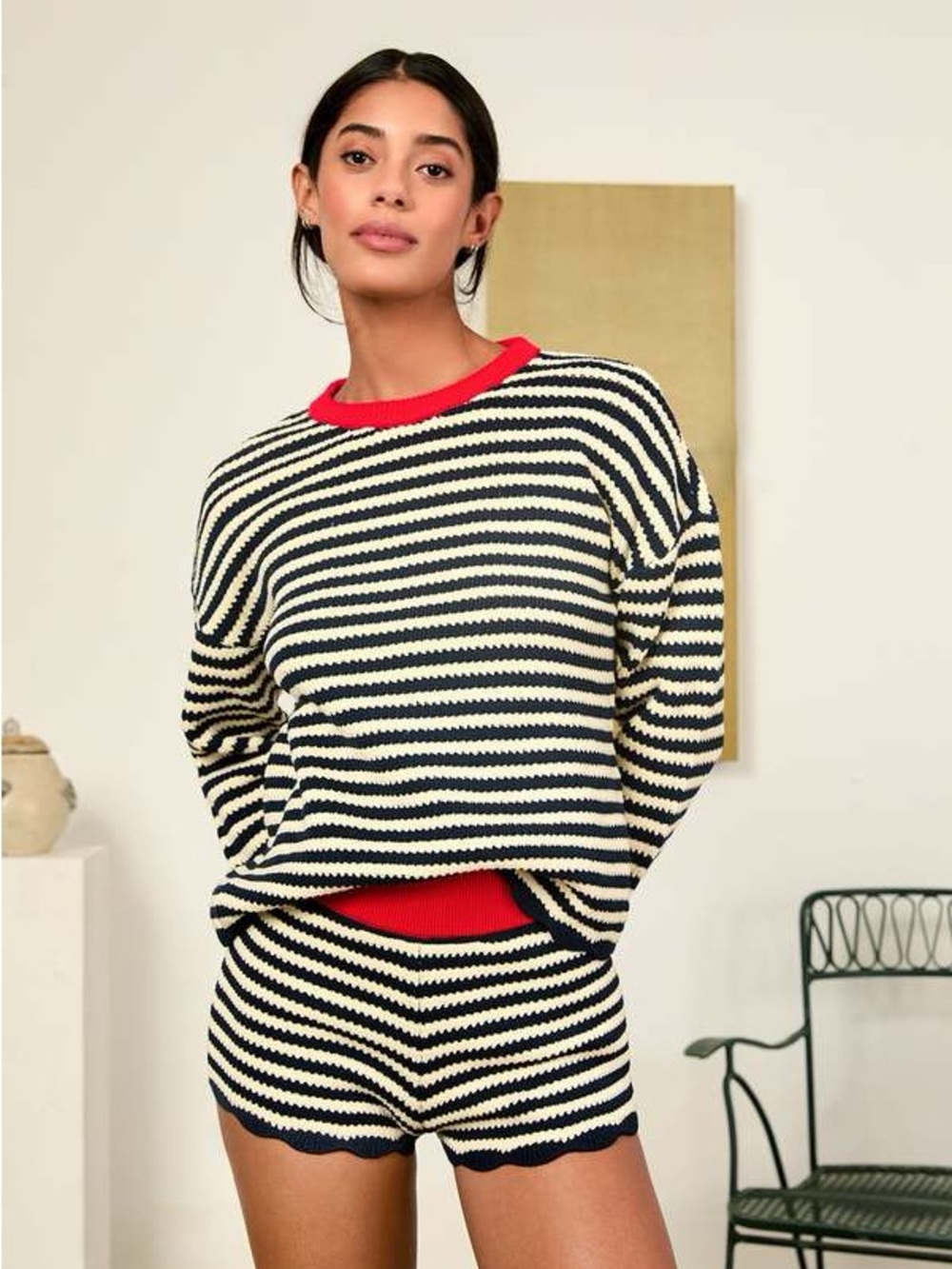 Ciao Lucia Striped Knit Sweater in Navy, Cream & Red Trim